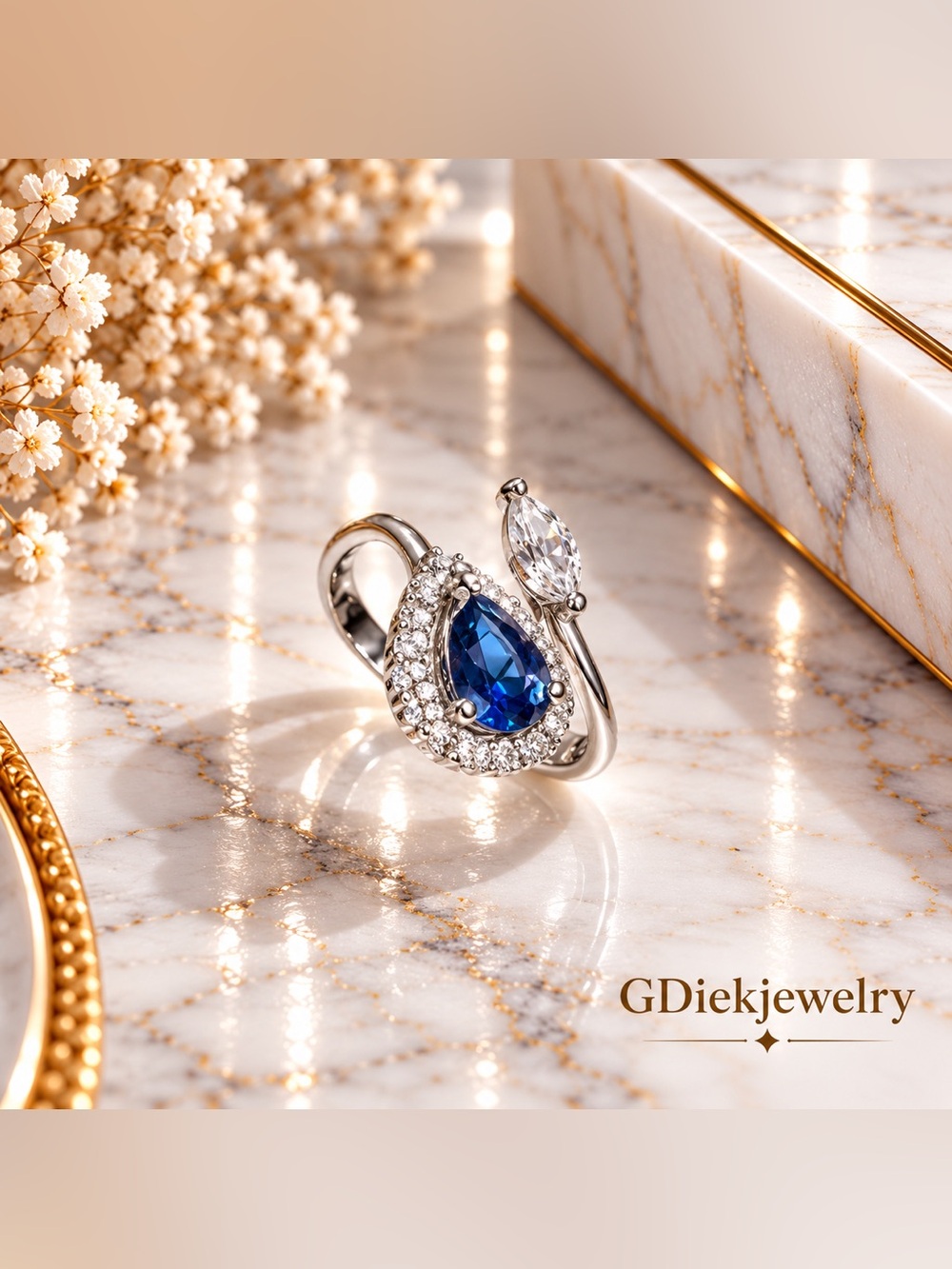 Sterling Silver 925 Adjustable Blue Teardrop Halo Ring with Clear Accent Stone